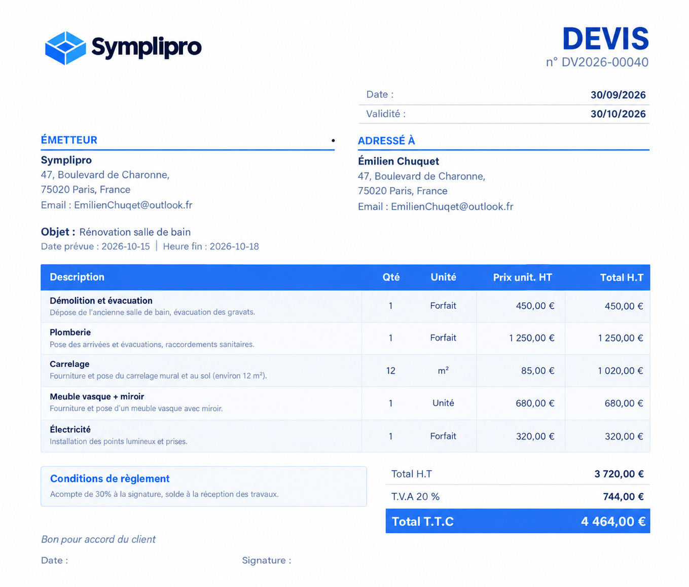 Devis SimplyPro prêt à être signé électroniquement