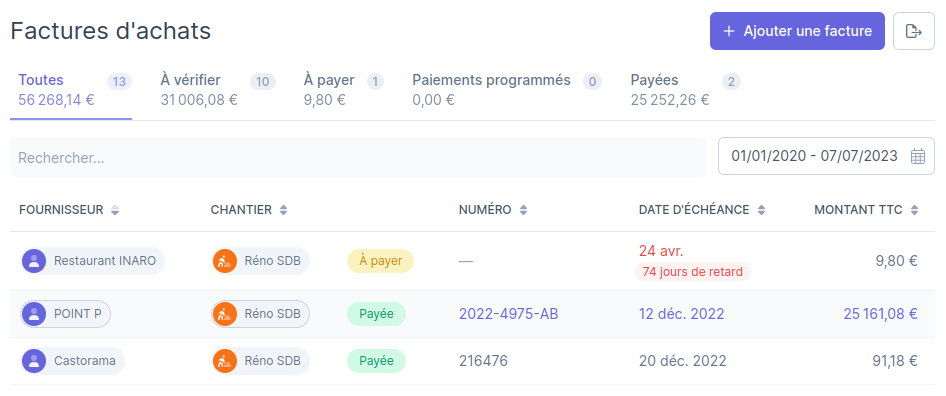 Suivi des factures d'achat et des chantiers dans SimplyPro